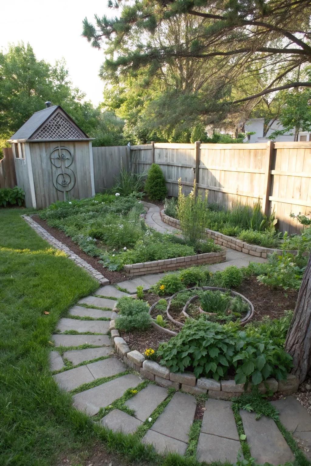 A spiral herb garden adds a practical and beautiful feature to a triangular backyard.