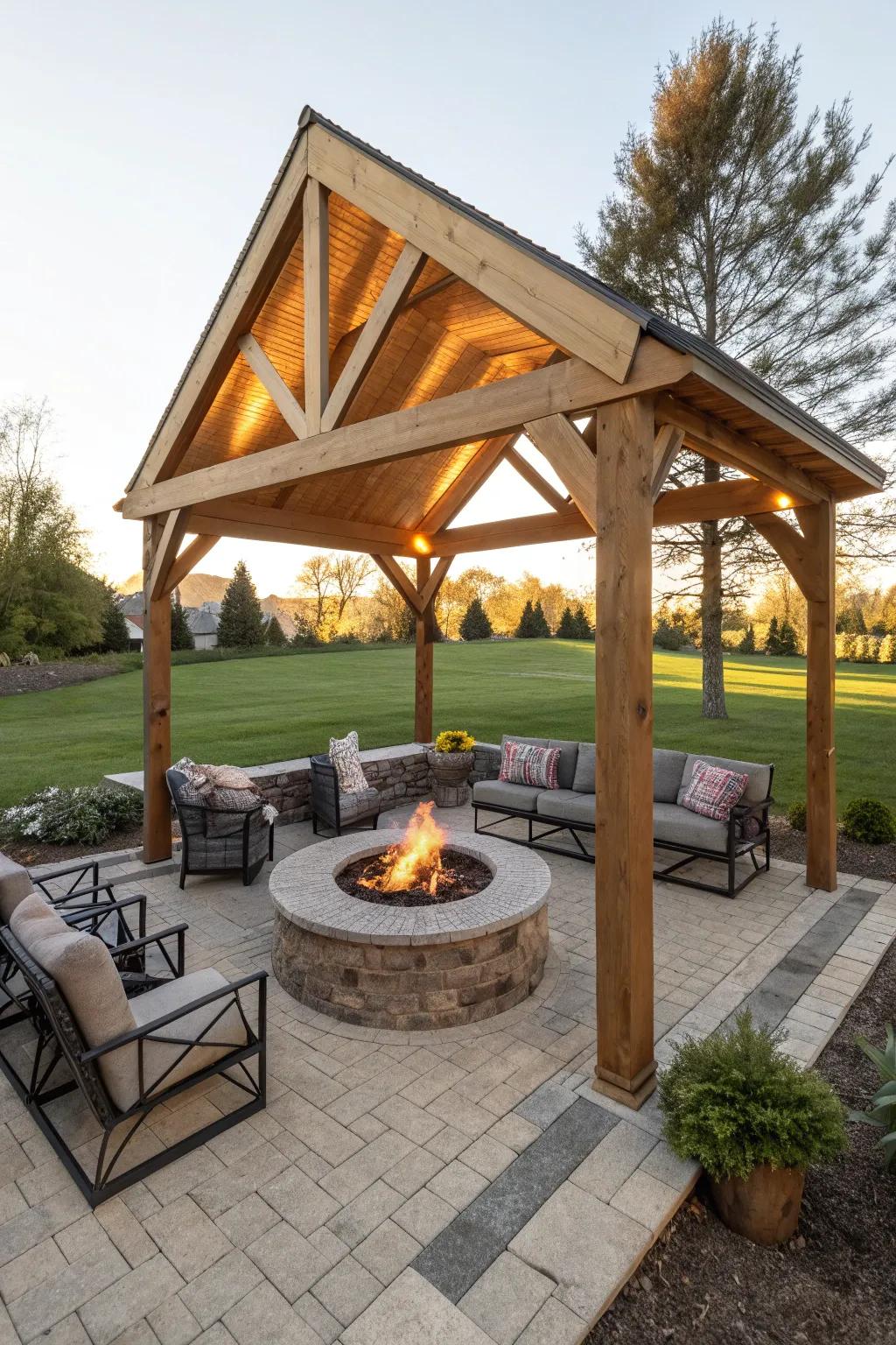 A cozy fire pit under a triangle pergola for warm evenings.