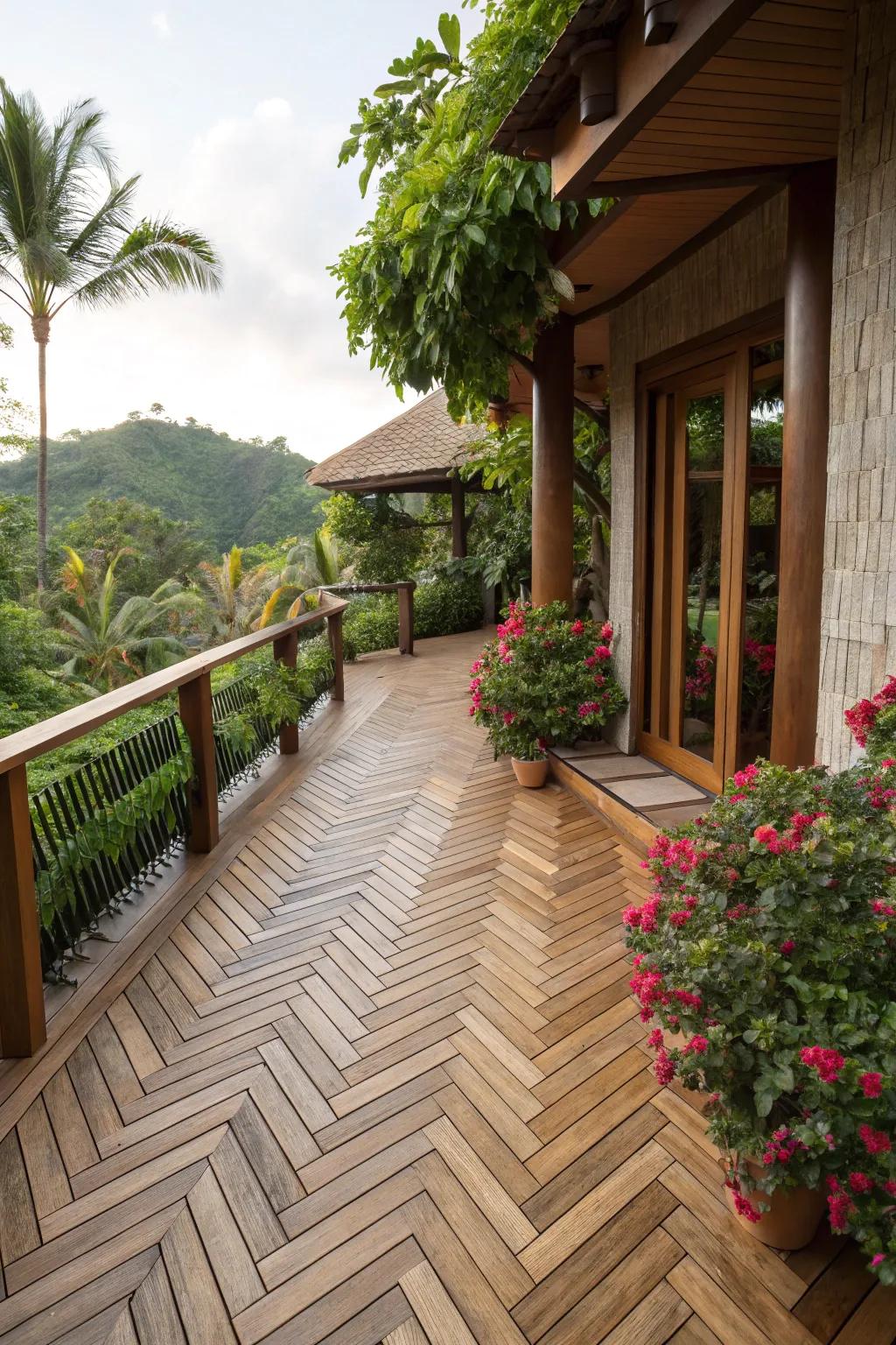 Herringbone flooring pattern adds a unique look to the tropical deck.
