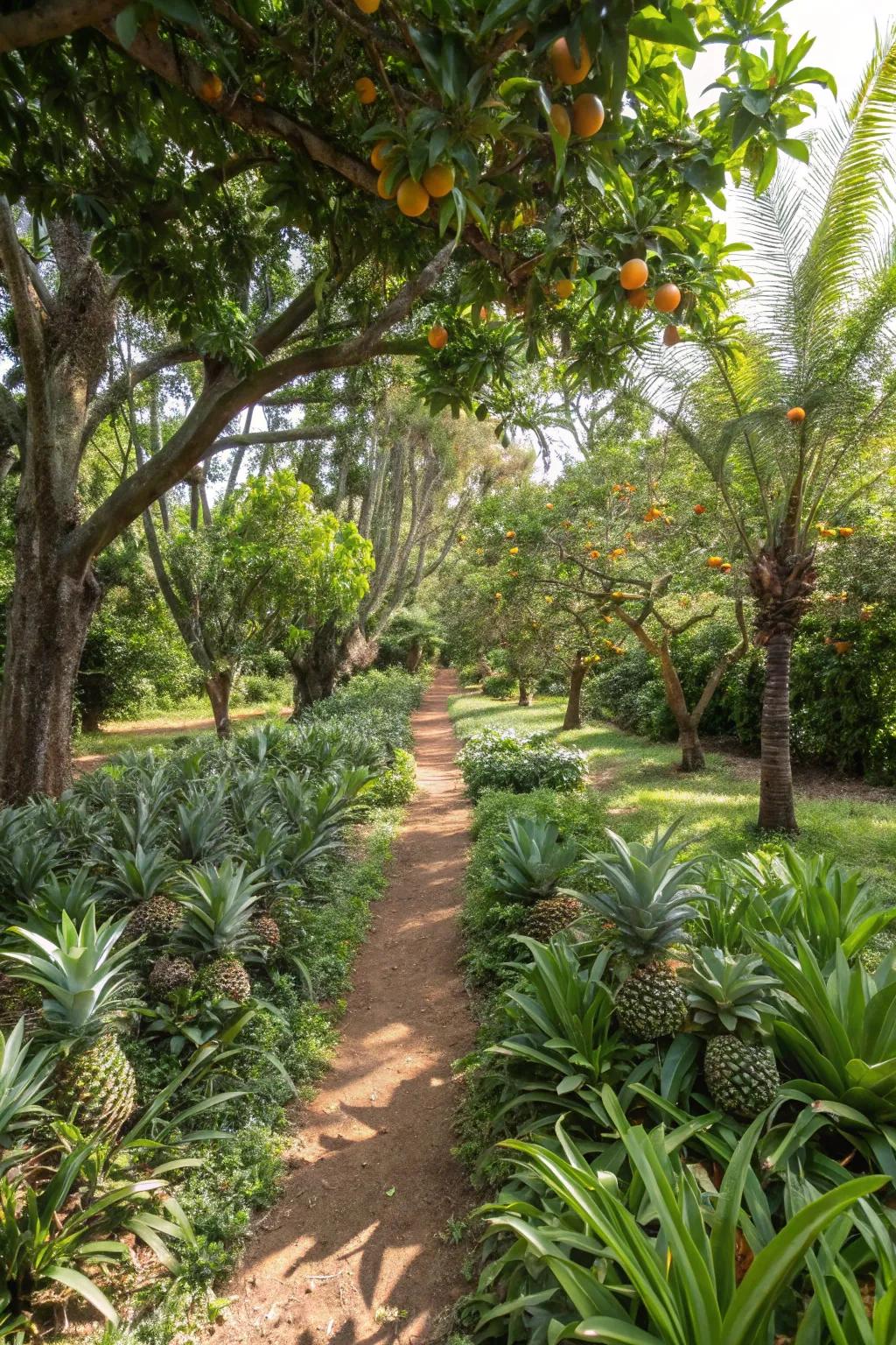 Tropical edibles like pineapples add a tasty touch to your garden.