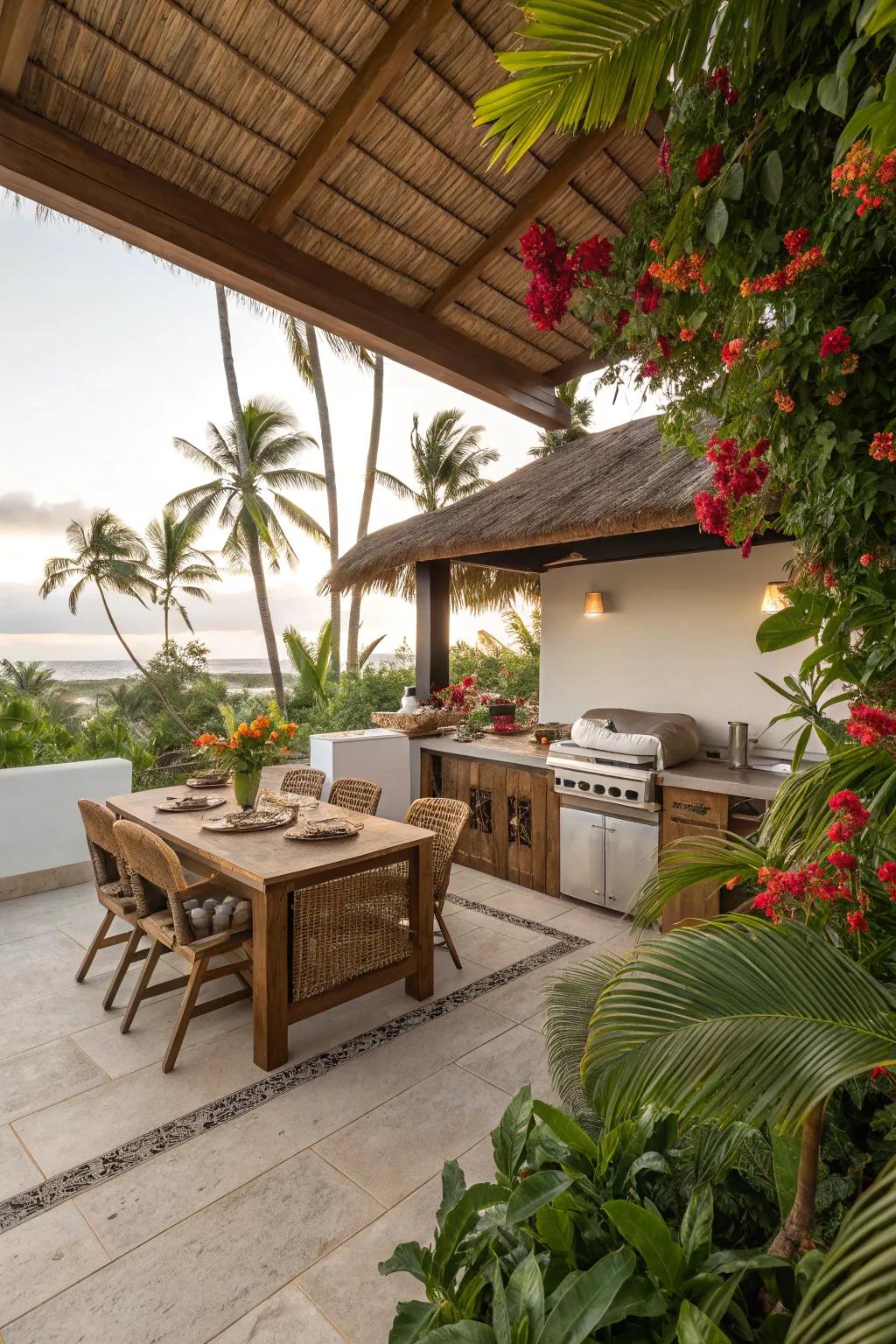 An outdoor kitchen area perfect for alfresco dining on a tropical patio.