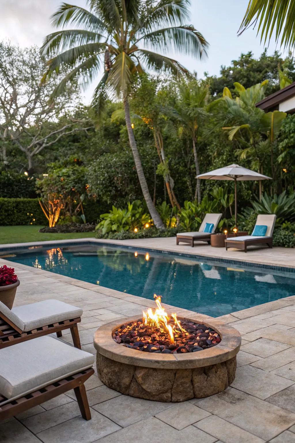 A poolside fire pit adds warmth and ambiance to tropical evenings.