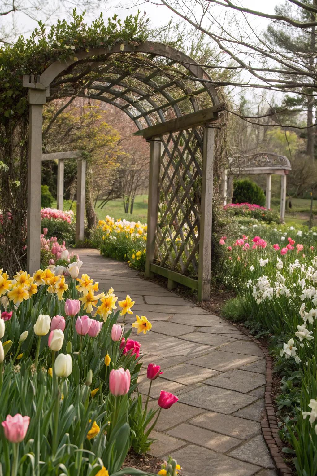 A colorful garden entrance with an arbor adorned with tulips and daffodils.