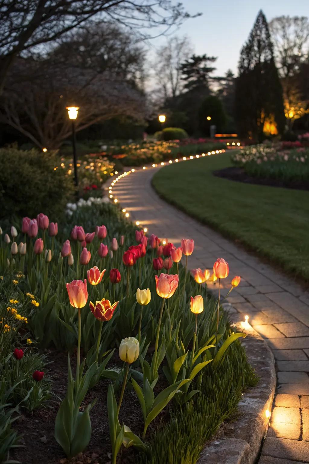 Accent lighting enhances the beauty of tulip beds after dark.
