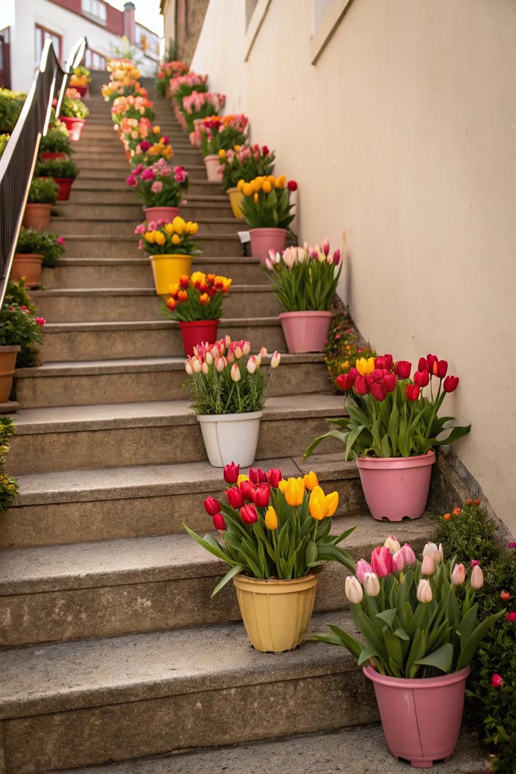 A dramatic tulip-lined staircase making a grand entrance.