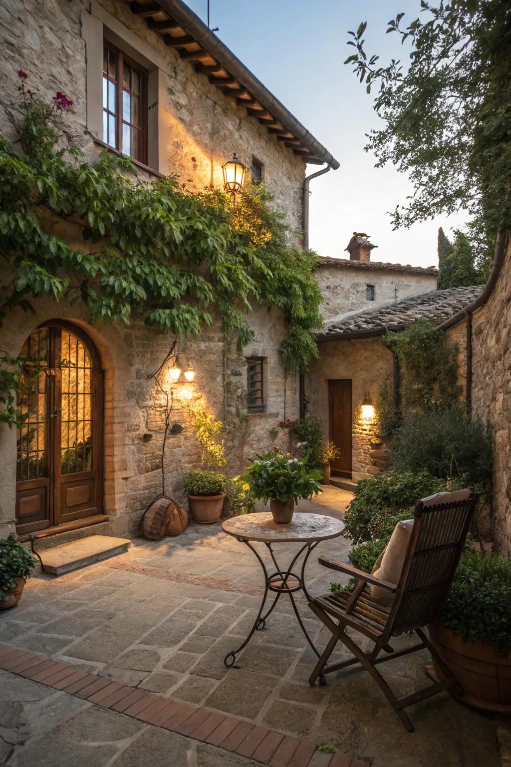 A cozy reading nook offers a quiet retreat in this courtyard.