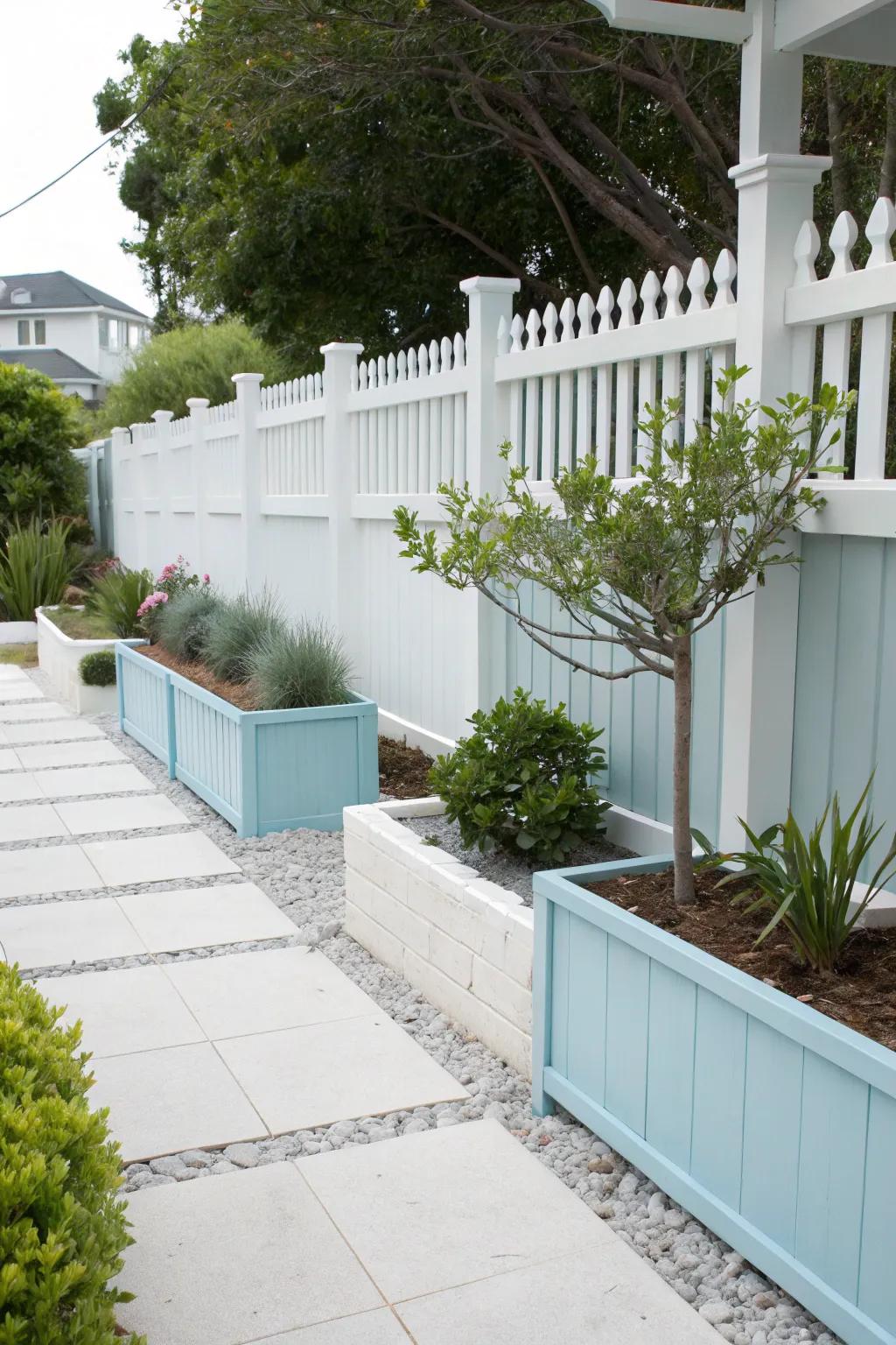 White and light blue fence offering a minimalist appeal to a serene garden.