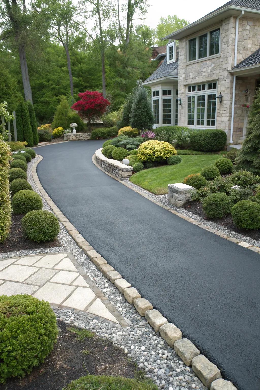 Decorative borders add elegance to traditional asphalt driveways.