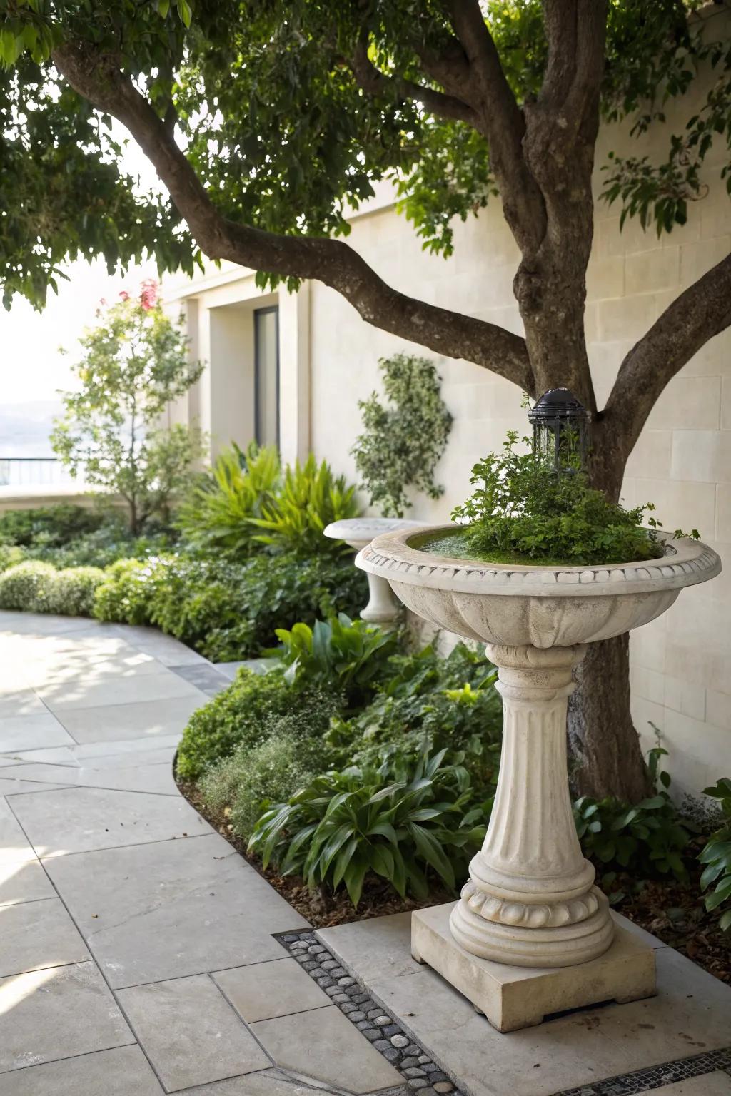 A birdbath adds elegance and attracts wildlife.