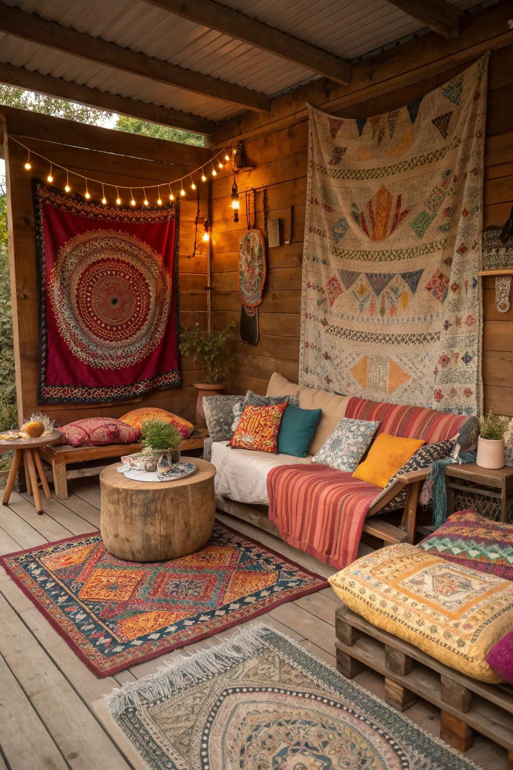 Bohemian cabins exude warmth and individuality with their vibrant style.