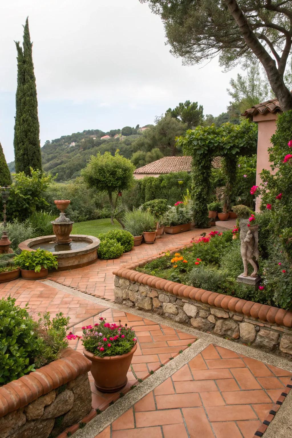 Terracotta tiles offer a warm, Mediterranean-inspired garden edge.