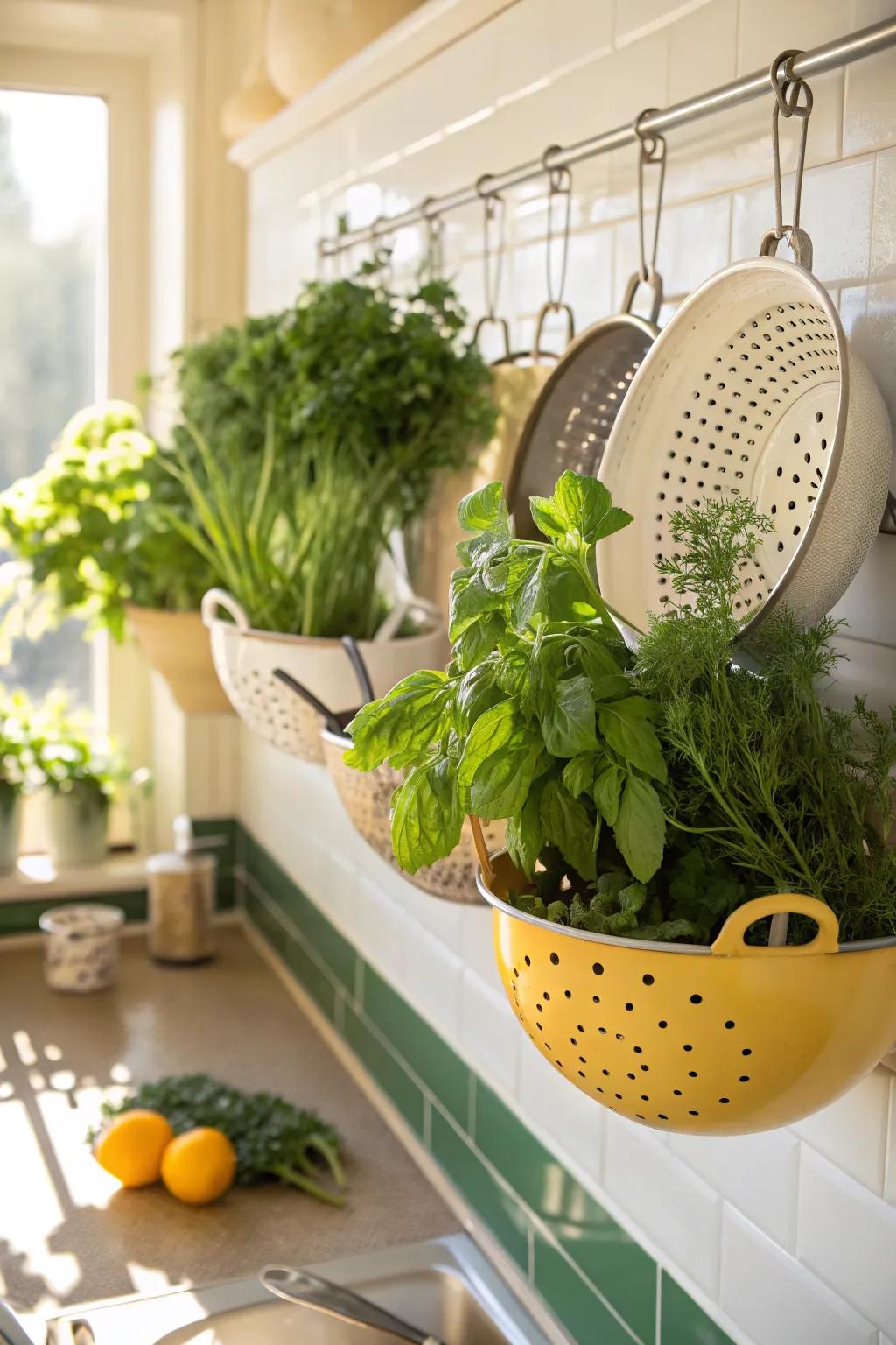 Strainers serve as practical and pretty hanging herb planters.