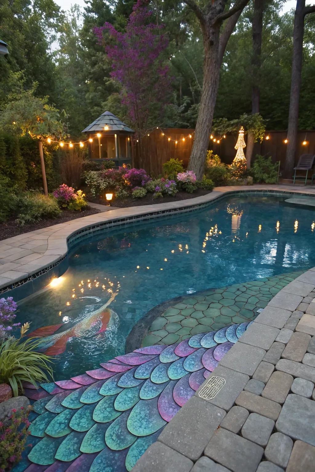 A pool with fantasy-themed paint design featuring dragon scales.