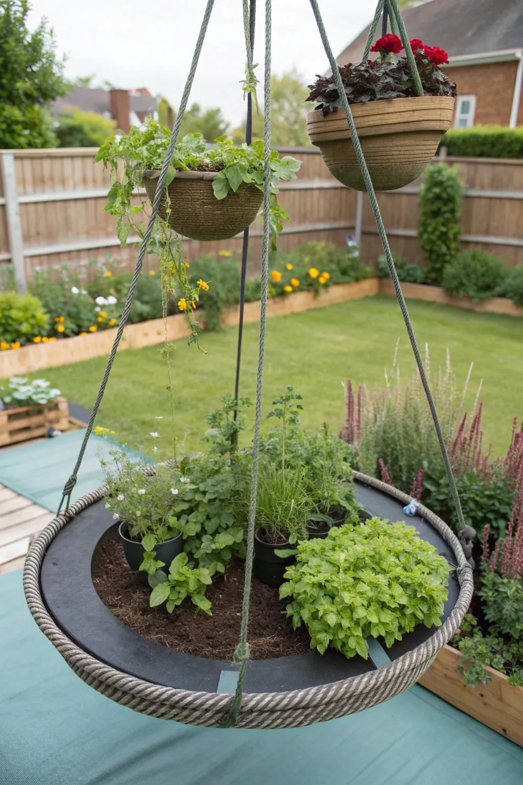Hang your favorite herbs from the trampoline for a convenient kitchen garden.