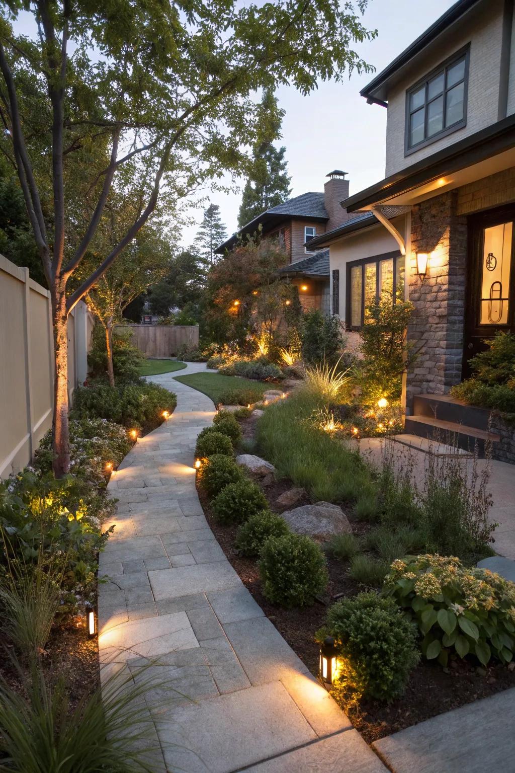 Integrated lighting enhances beauty and safety in this urban front yard.