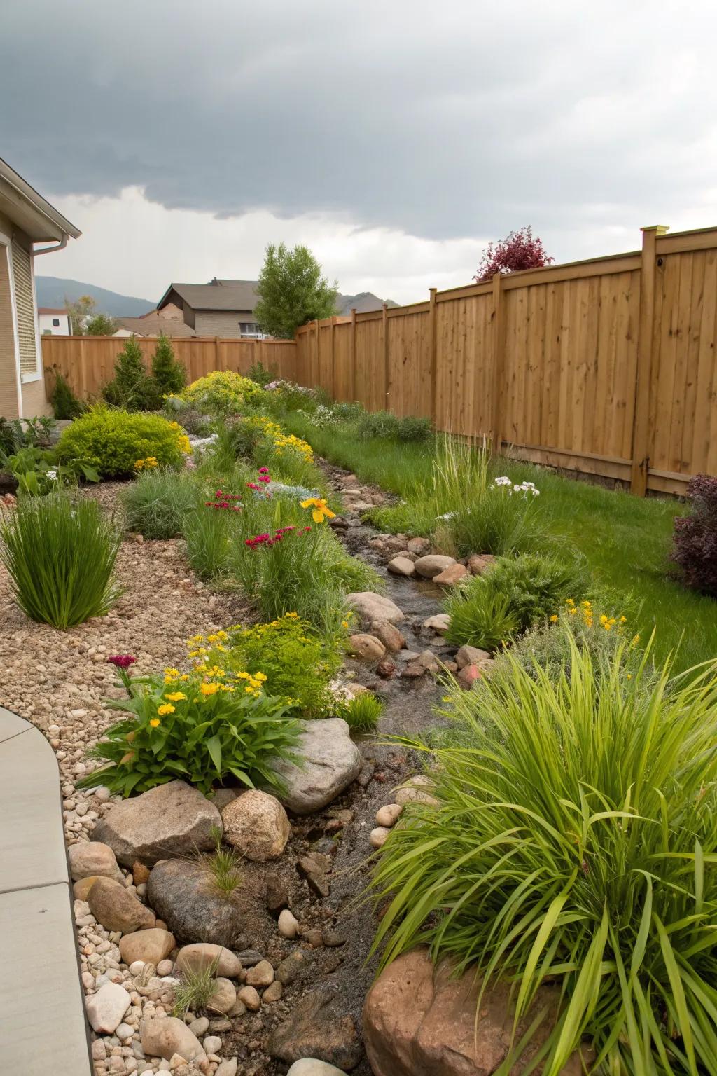 A sustainable rain garden managing water efficiently in a Utah backyard.