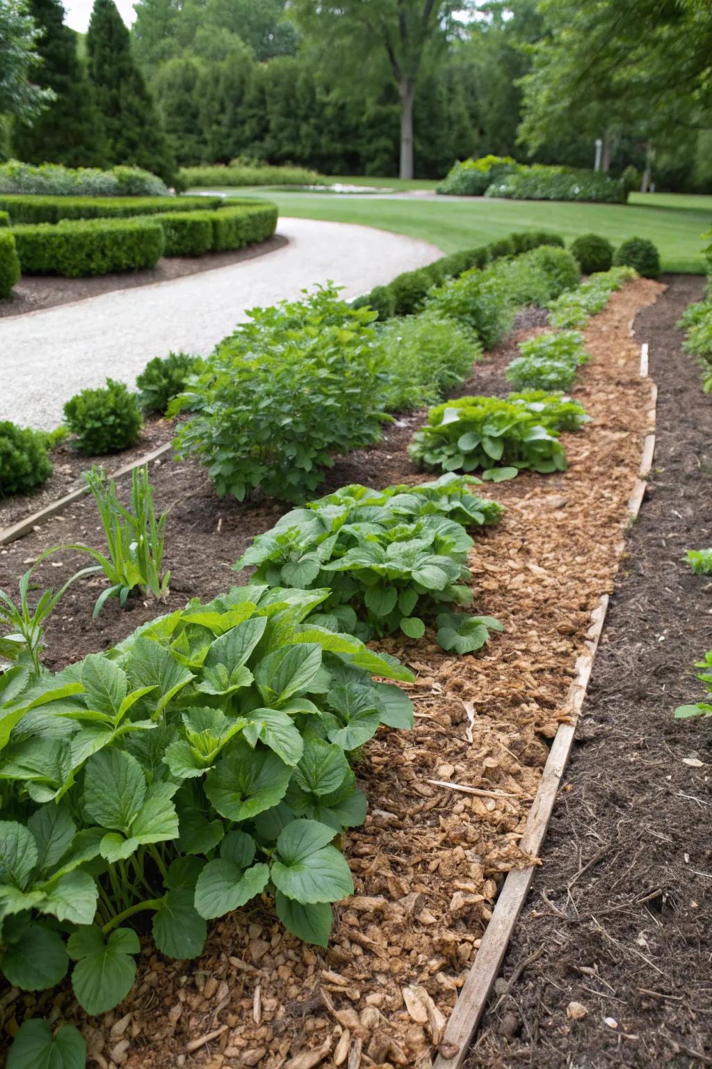 A mulched garden bed that promotes plant health.