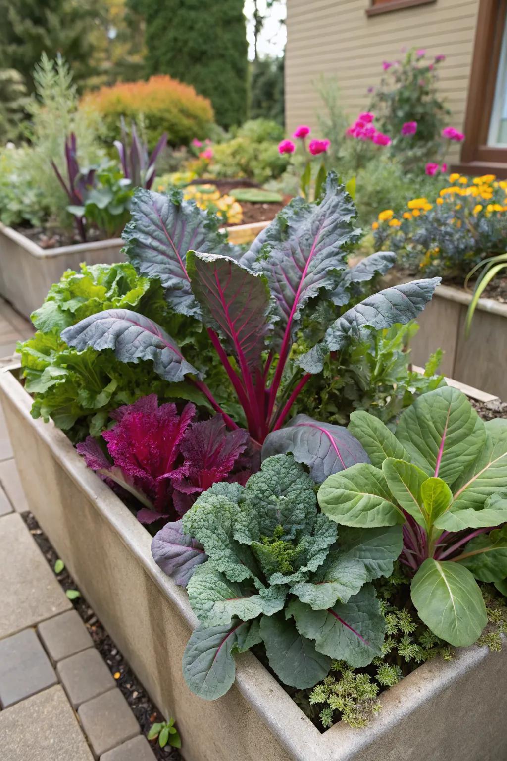 Ornamental kale and rainbow chard in a vibrant container display.