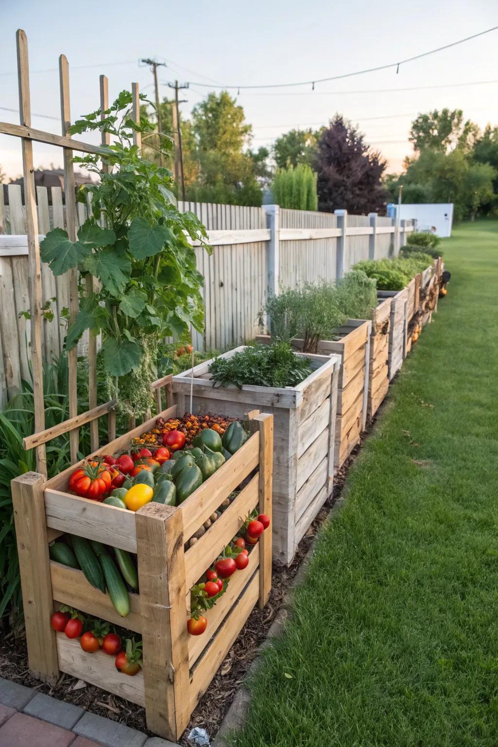 Pallets transformed into rustic garden planters.
