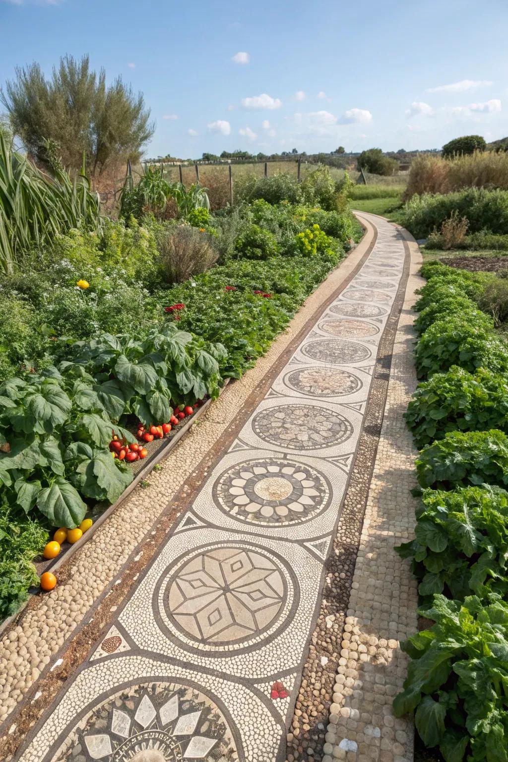 Pebble mosaics turn garden paths into artistic focal points.
