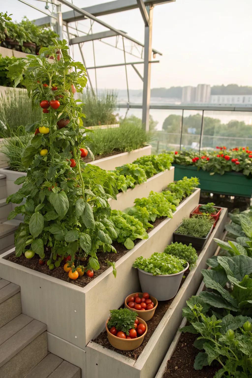 Multi-level gardens add depth and accommodate diverse growing needs.