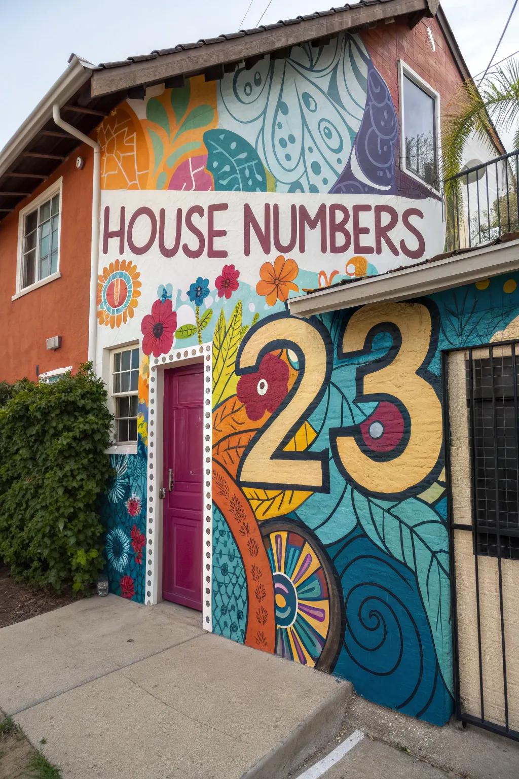 Vertical house numbers in a colorful mural.