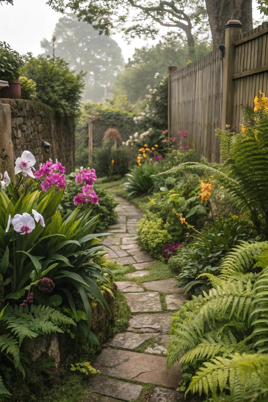 Exotic flora adds diversity and intrigue to the landscape.