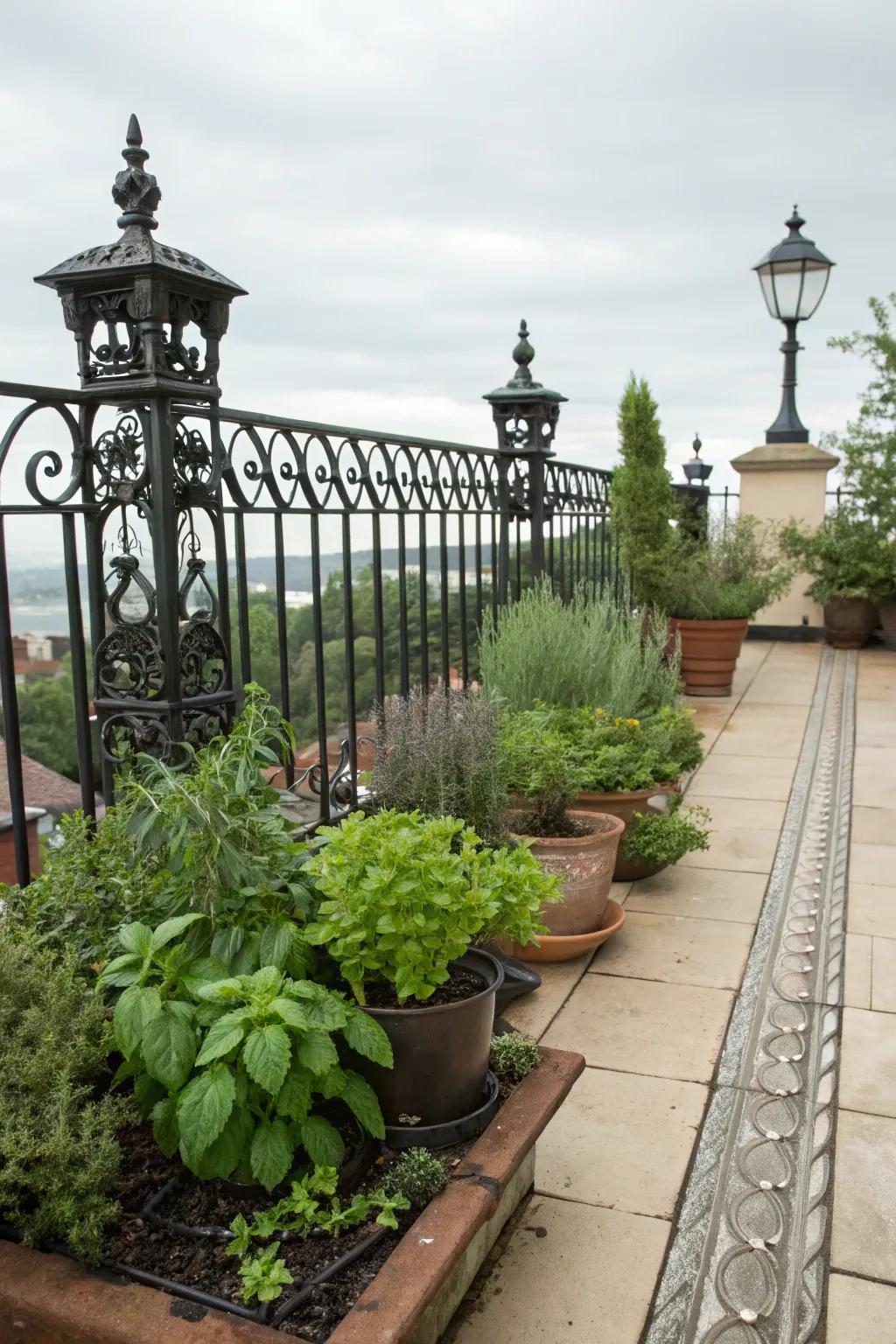A small herb garden adds flavor to this Victorian patio.