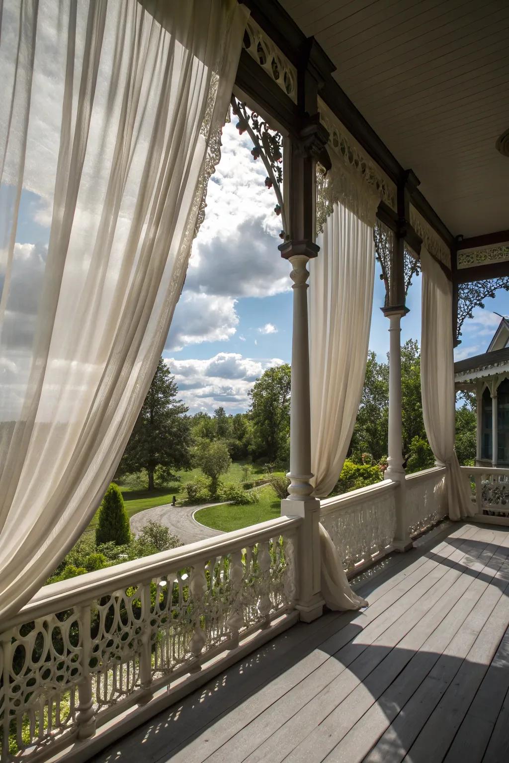 Charming Victorian porch with outdoor curtains that add privacy and elegance.