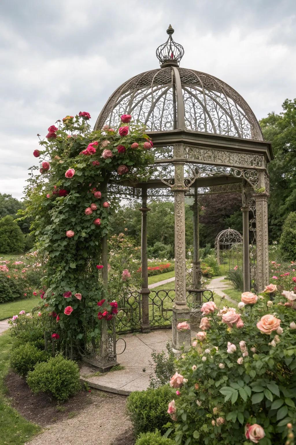 An antique metal gazebo surrounded by climbing roses, creating a magical garden retreat.