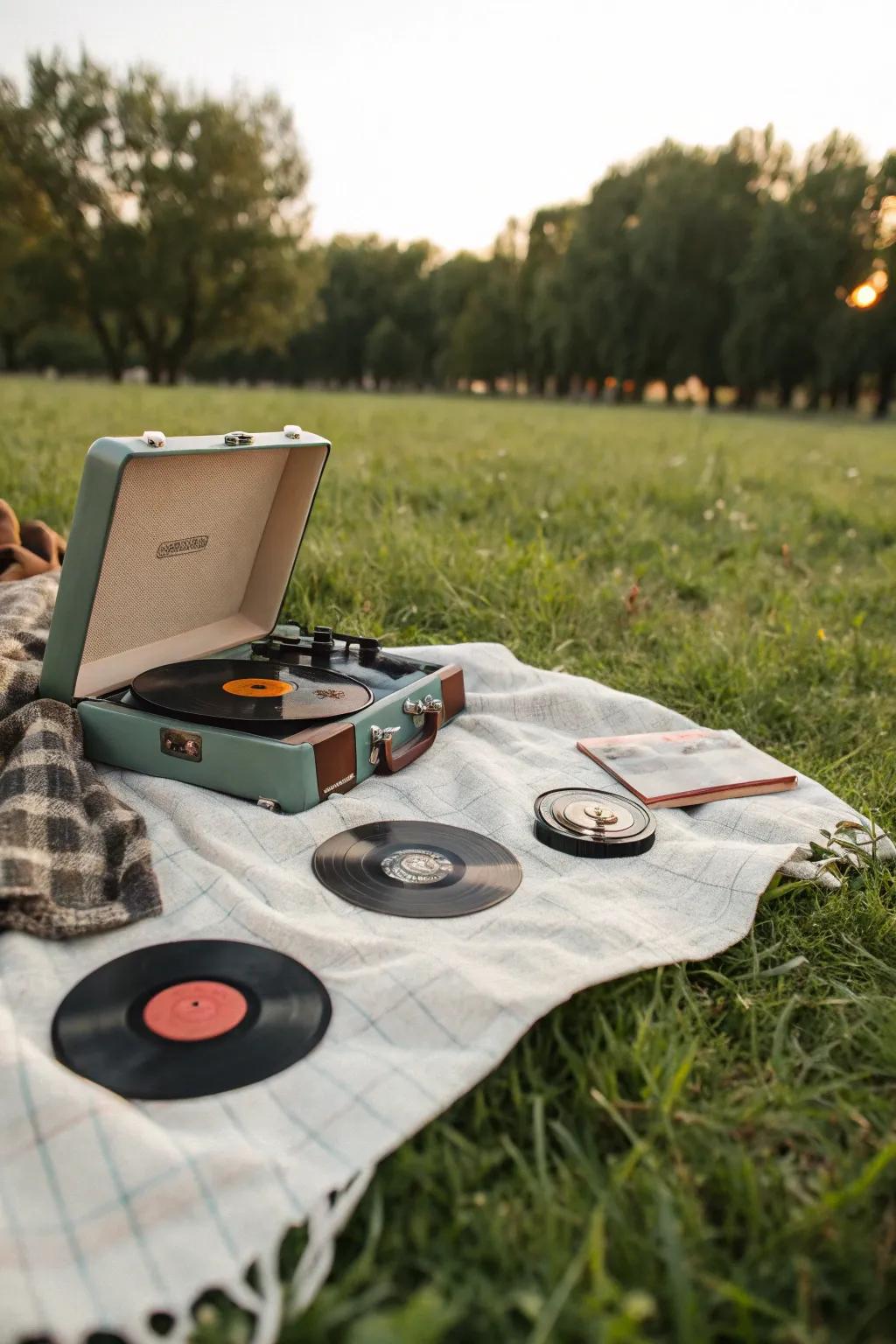 A record player adds a delightful retro soundtrack to your picnic.