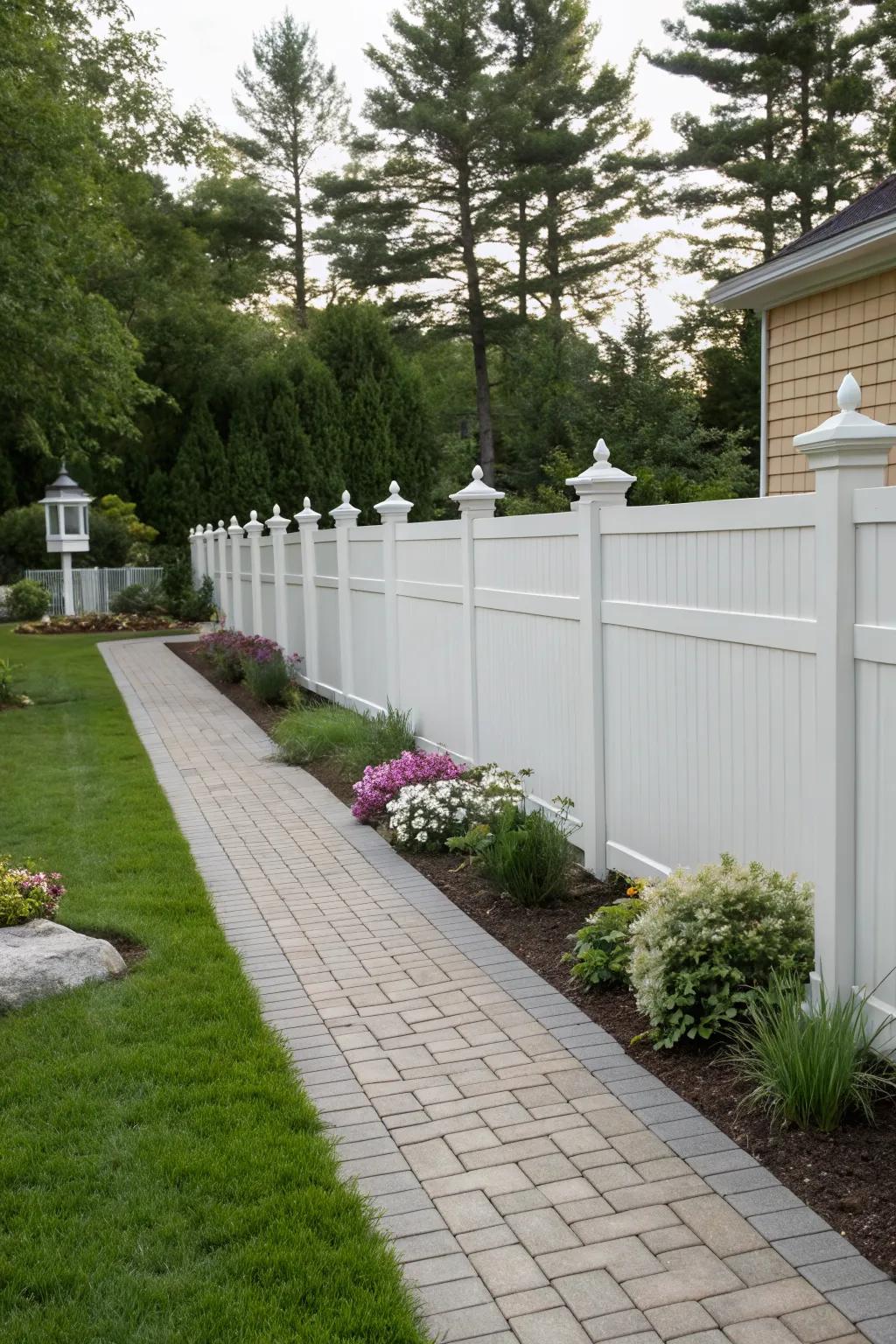 Decorative post caps add a finishing touch to this elegant vinyl fence.