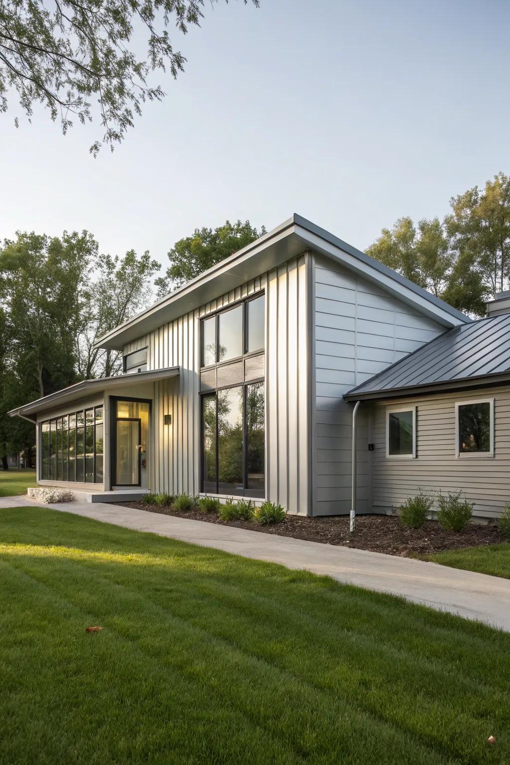A ranch home with eye-catching metallic vinyl siding for a modern edge.