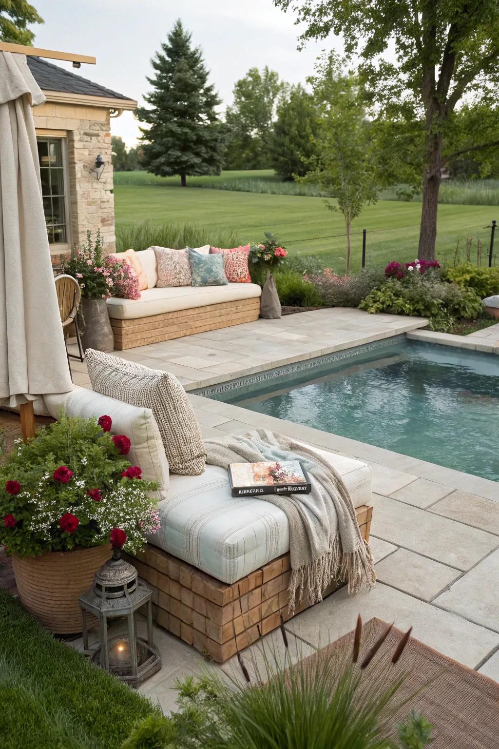 A cozy seating nook invites relaxation beside this charming wading pool.