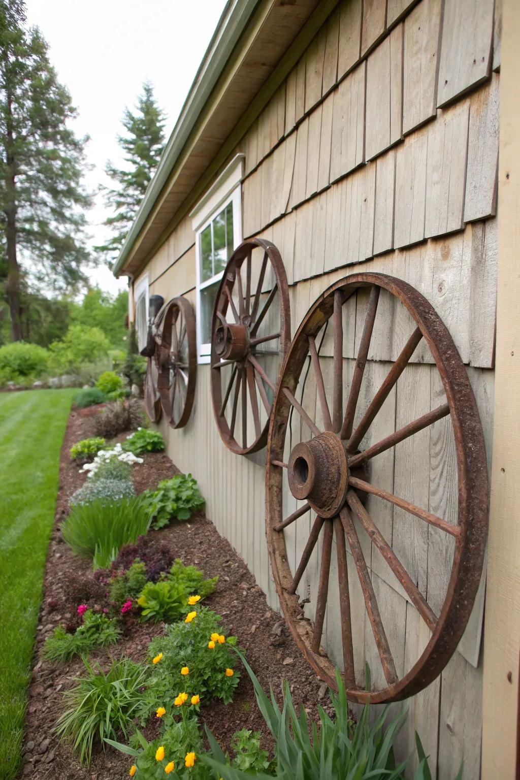 Wagon wheels as wall art, transforming a garden shed into a creative display.
