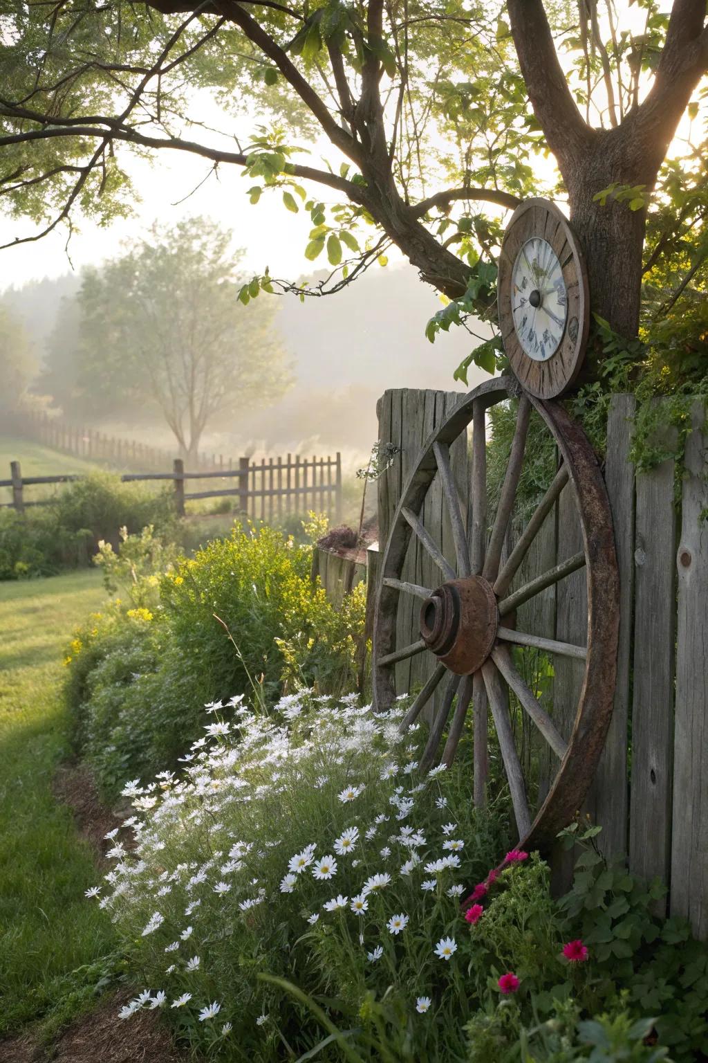 A quirky wagon wheel garden clock adds charm and function.