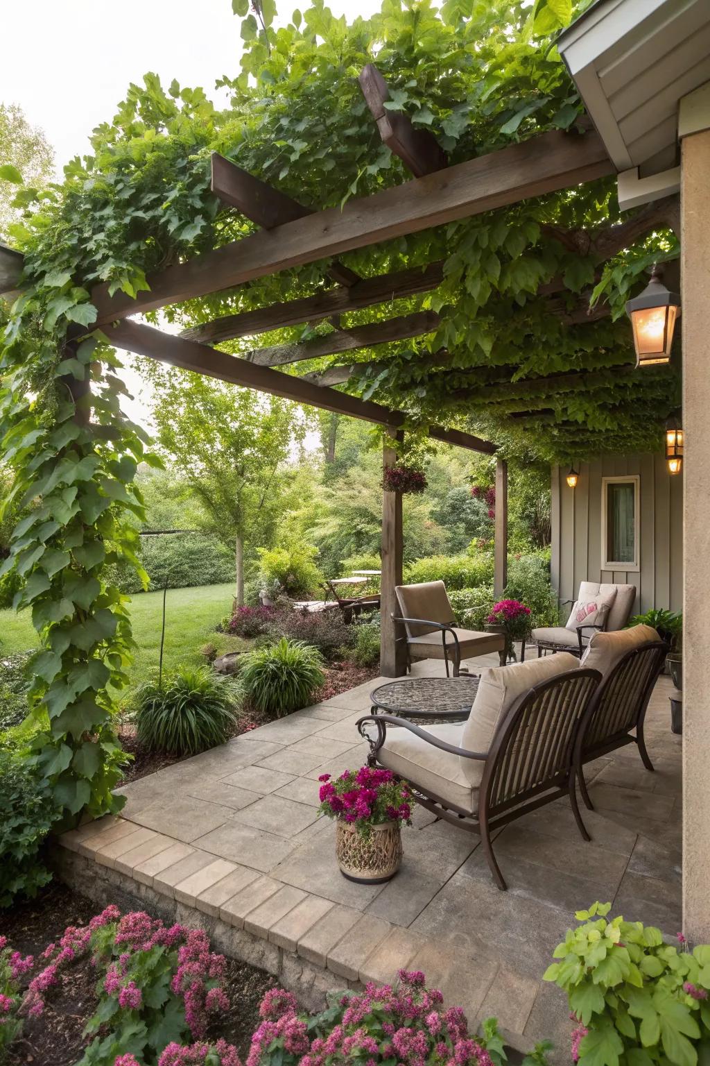 A pergola provides shade and style over a seating area on a walkout basement patio.