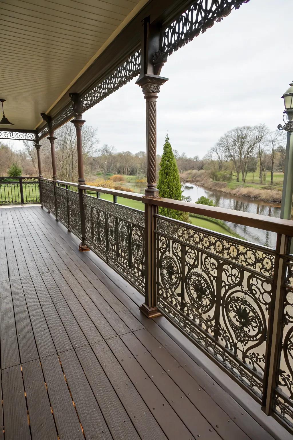 A deck with intricately designed metal railings.