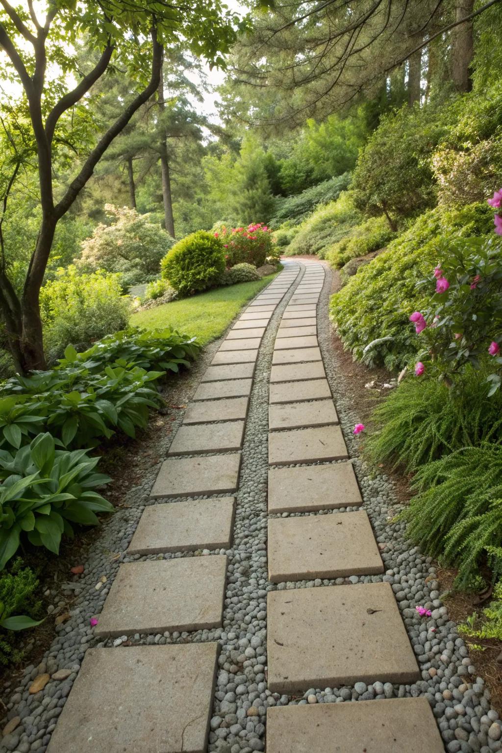Large tiles and pea gravel make for a modern, textured path.