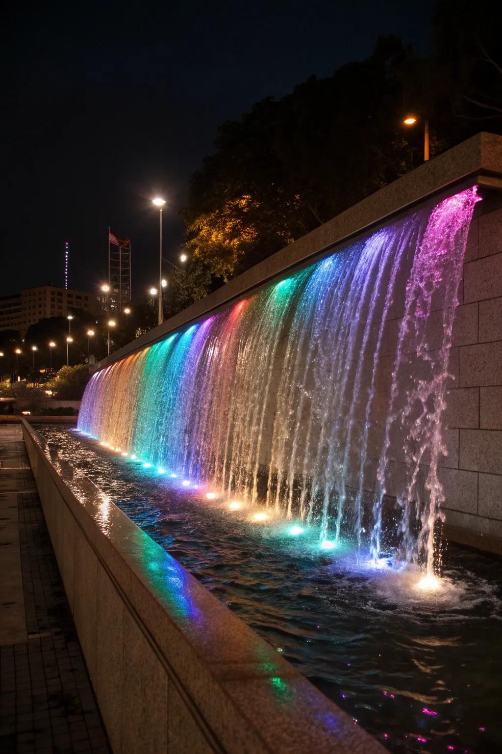 LED lighting turns this wall fountain into a nighttime spectacle.