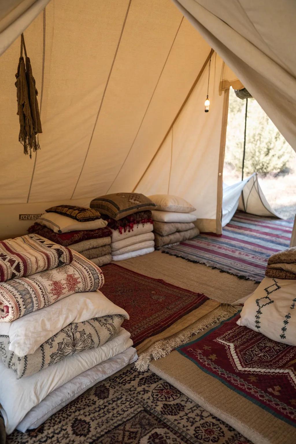 Layers of blankets and rugs keep this wall tent warm and inviting.