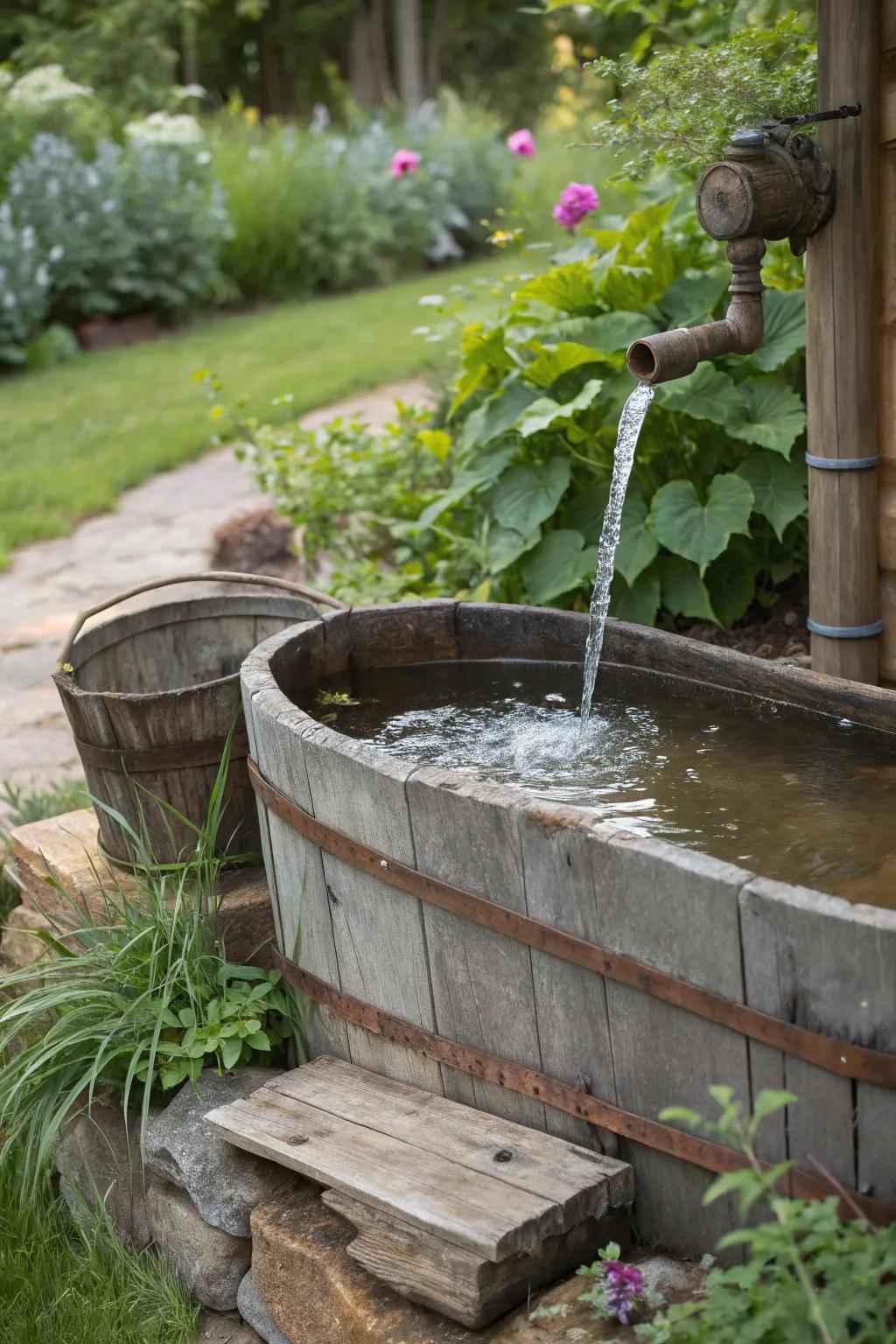 A repurposed water trough adds rustic charm to a garden.