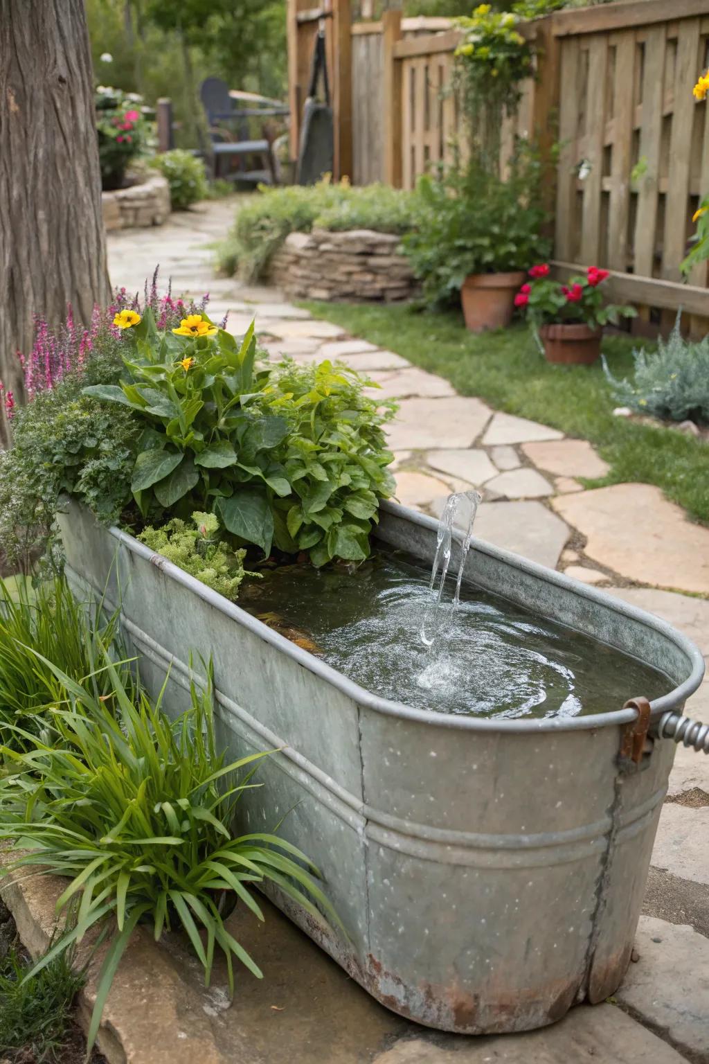 An industrial trough fountain adding an edgy touch.