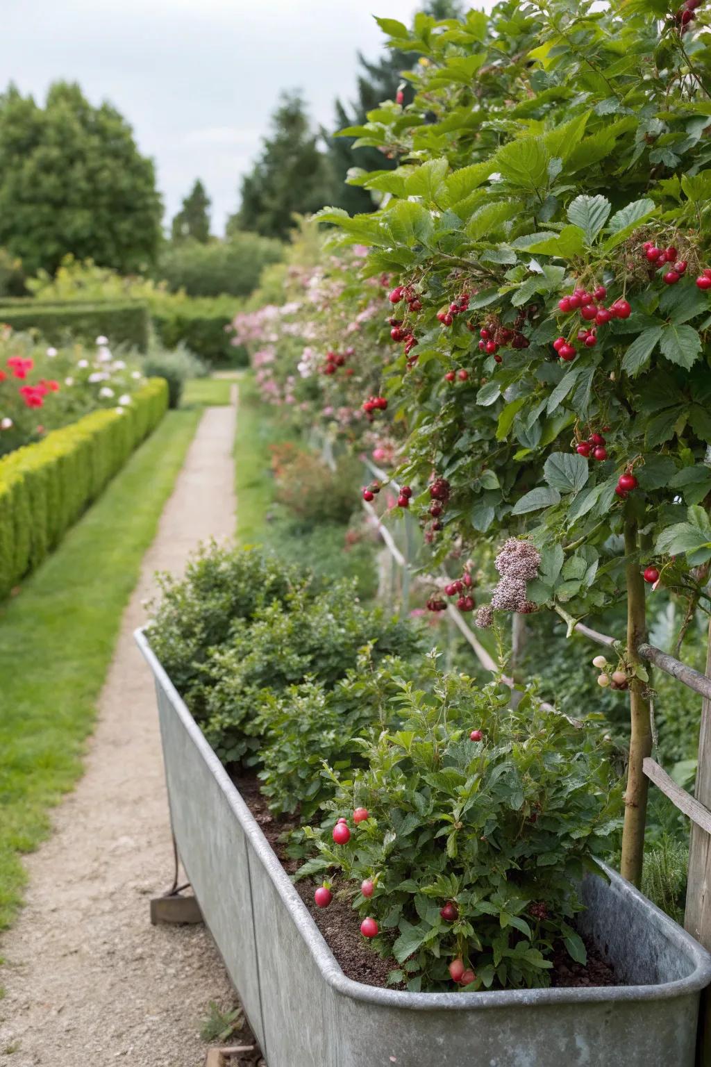 An edible hedge using water trough planters.