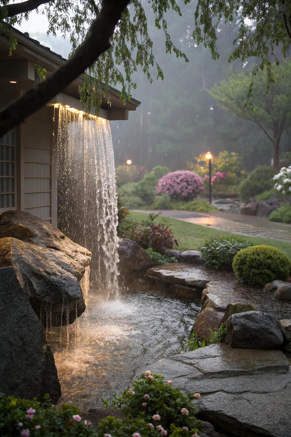 A rain curtain spillway that creates a mesmerizing water flow effect.