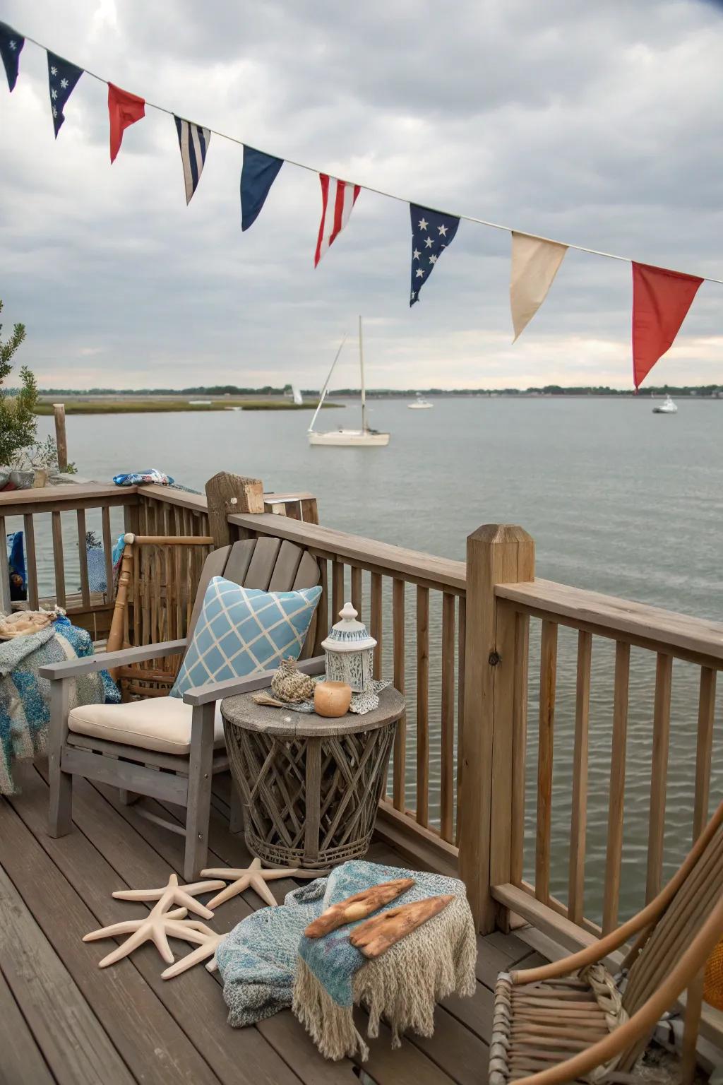 Coastal decor transforms your deck into a seaside retreat.