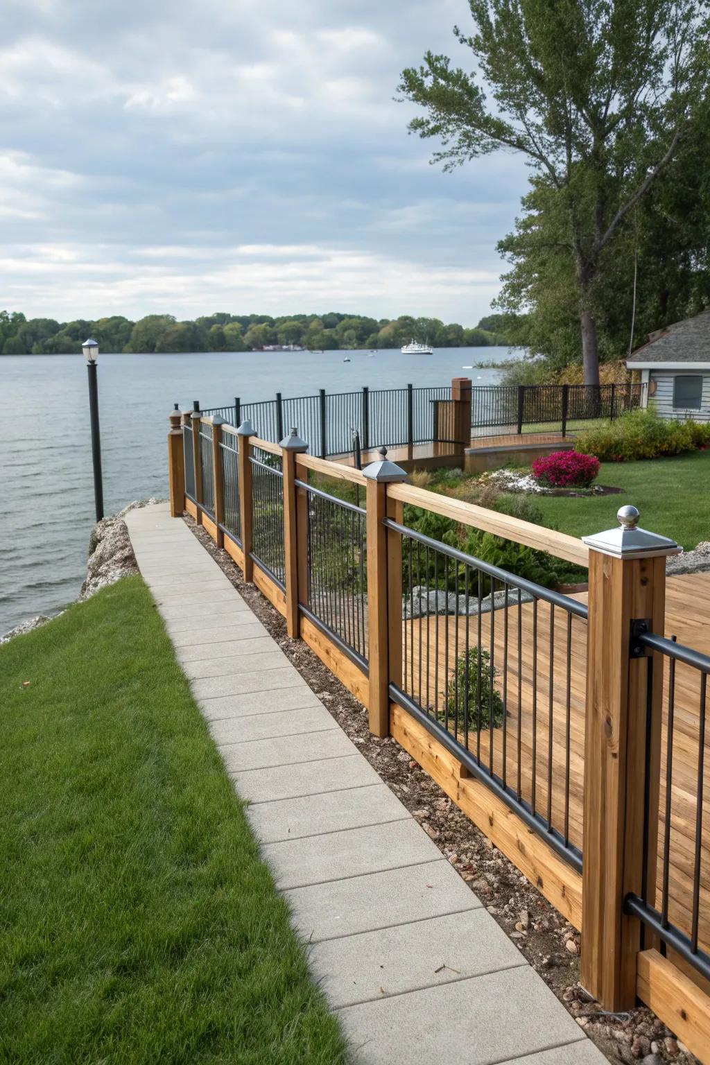 Mixed material fencing creates a custom look for this waterfront home.