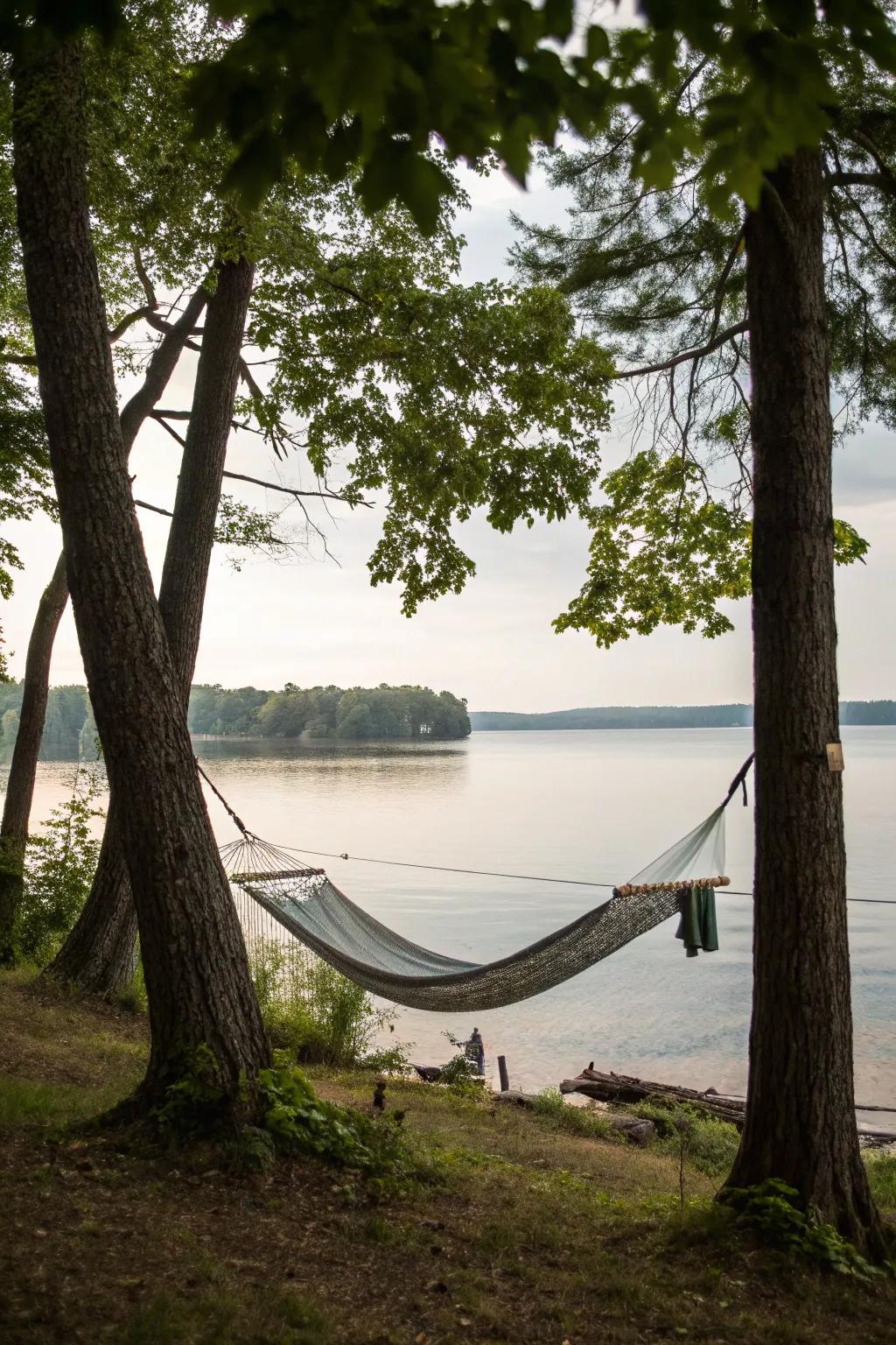 A cozy hammock hideaway by the water.