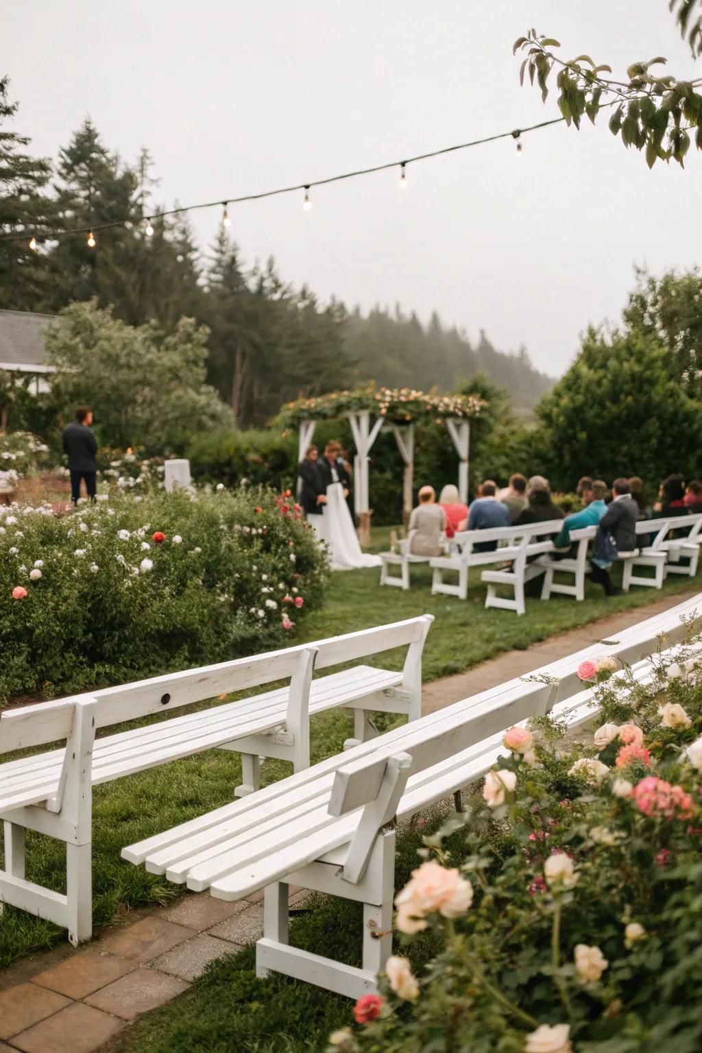 White benches create a whimsical, fresh look for weddings.