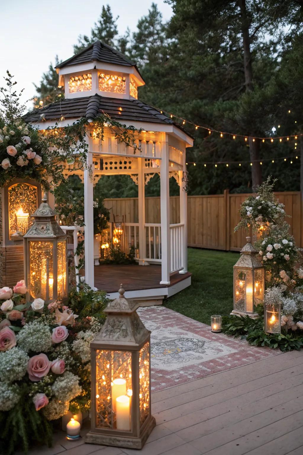 Rustic lanterns add warmth and charm to this gazebo.